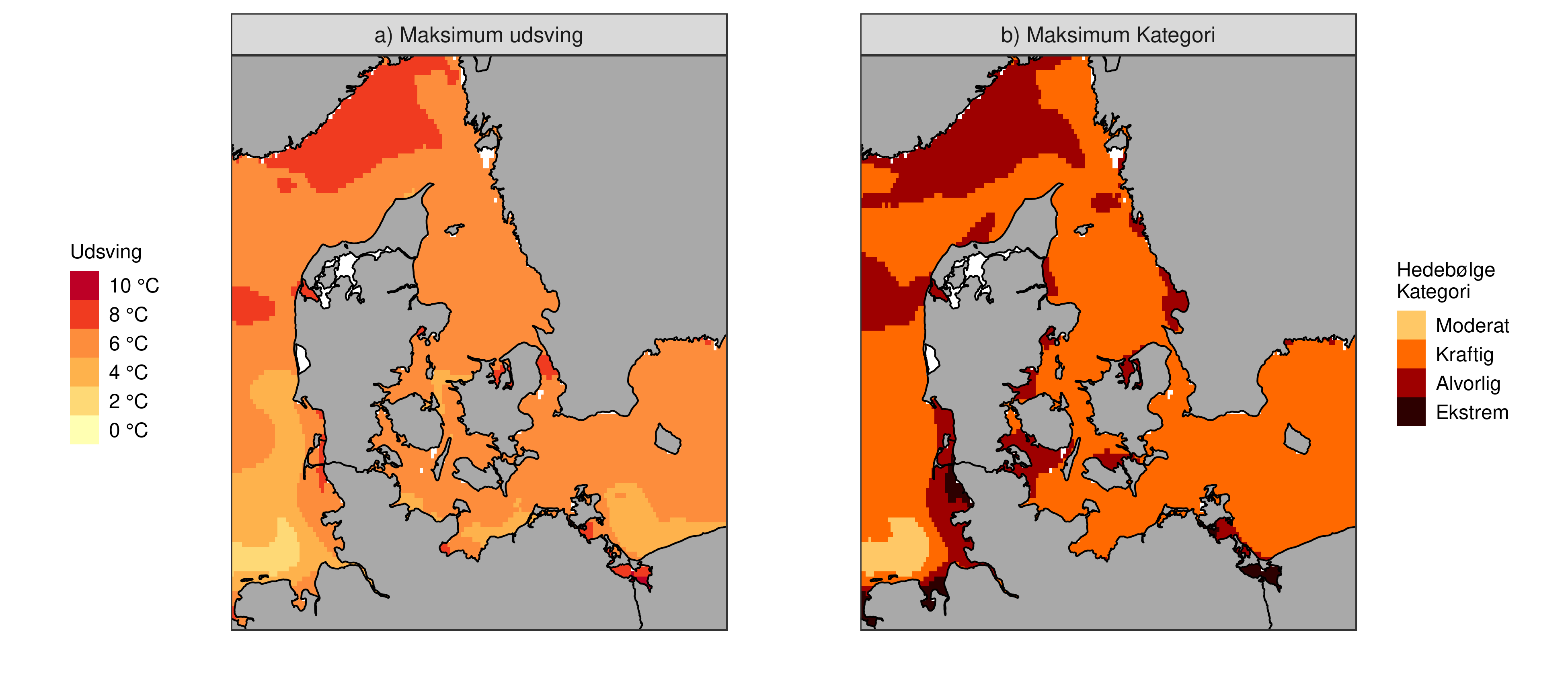 Figur viser maximalt udsving og kategori for marin hedebølge i farvandet omkring Danmark